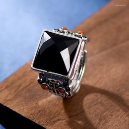 Cluster Rings Retro Ethnic Style S925 Silver Embossed Black Agate Square Opening Personalized Small And Exquisite Ring Female