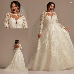 OLEG CASSINI Lace Illusion Long Sleeve Plus Size Wedding Dresses 2022 Sheer O-neck Applique Floral Puffy Skirt Princess Bridal Gow212w