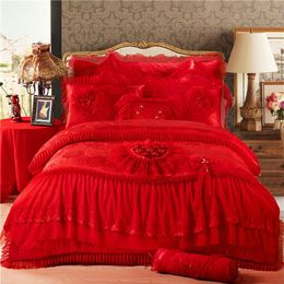 4pcs Pink Heart-shaped luxury bedding set King queen wedding bedclothes bed sheets cotton Princess Lace duvet cover set 357 R2287o