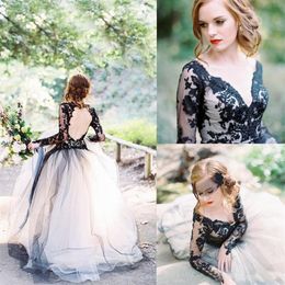 Black Appliques A Line Wedding Dresses Long Sleeve Lace Beach Country Wedding Gowns Open Back 3D-Floral Applique Bohemian Wedding 3095