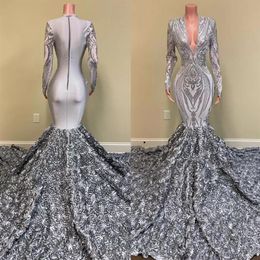 Silver African Girls Long Prom Dresses 2022 Mermaid V Neck Full Sleeve 3D Flowers Train Women Formal Party Evening Gown PRO232243p