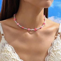 Choker Beaded Necklace For Women Bohemia White Pink Flower Heart Rice Beads Handmade Clavicle Beach Y2K Jewelry Accessories