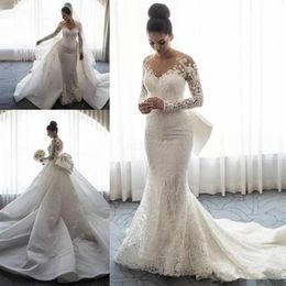 Steven Khalil Mermaid Wedding Dresses with Big Bow 2018 Detachable Train Lace Floral Long Sleeve Church Train Garden trumpet Weddi249M