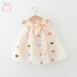 Summer Baby Girls Beige Party Dresses Flower Bow Children's Clothes Princess Korean Style Toddler Kids Costume For Aged 0 To 3
