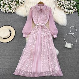 Basic Casual Dresses Spring Summer Elegant Flower Embroidery Dress Women Lapel Long Lantern Sleeve Lace Patchwork Silk Georgette Belt Maxi Vestidos 2023