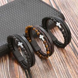 Charm Bracelets Cross Decoration Natrual Yellow Tiger Stone Men Retro Hand-Woven Frosted Magnetic Buckle Leather Bracelet