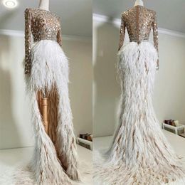 2021 Sexy Illusion Top Evening Dresses with Sequins Hi Lo Feather Skirt Prom Gowns Long Sleeves Second Reception Party Formal Dres228N