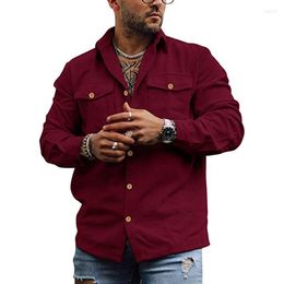 Men's Casual Shirts Fall Long Sleeve Corduroy Lapel Fashion Button Pockets Premium Solid Colour Tops 2023