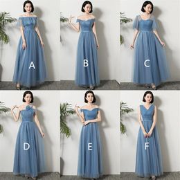 Dusty Blue Tulle Long Bridesmaid Dresses 2020 New Wedding Party Dress Lace Up Maxi Gowns vestido para festa230H