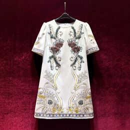 2023 Summer White Floral Print Dress Short Sleeve Round Neck Sequins Knee-Length Casual Dresses A3Q122218