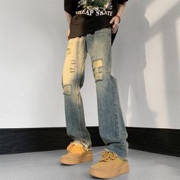 Men's Jeans American High Street Slim Fit Mens Straight Tube Y2k Chic Hip Hop Denim Long Pants Distressed Hollow Hole Male Streetwear