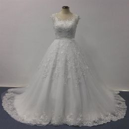 2016 Wedding Dresses Ball Gown Sheer V Neck Cap Sleeves Lace Appliqued Chapel Train Real Image Designer Bridal Gowns2939