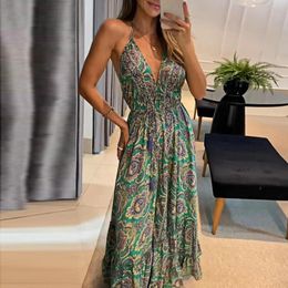 Basic Casual Dresse Beach Dress Flower Print Sleeveless Summer Deep V Neck Backless Maxi Lace Up Full Length Bohemia Style 230721