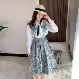 Two Piece Dress Summer Elegant Embroidery Flower Two Piece Set For Women Floral Sequined Bow Collar Blouse Shirt + Blue Jacquard Midi Skirt Suits 2023