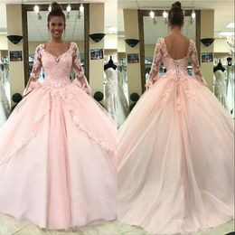 Light Pink Quinceanera Prom Dresses 2019 Long Sleeves Ball Gown Princess Sweet 16 Birthday Sweet Girls Prom Party Special Occasion3265