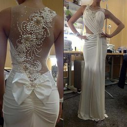 Sexy Ivory Spandex Mermaid Evening Dresses 2022 Illusion Special Occasion Crystal Pearls Beads Floor Length Elegant Formal Party G207q