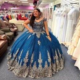 Navy Blue Glitter Quinceanera Dresses Off the Shoulder Gold Floral Applique Sweet 15 Gown Beaded Tulle Quince Party255x