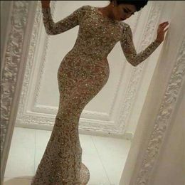 2020 Arabic Full Sequined Prom Dresses Bateau Neckline Beads Long Sleeves Celebrity Party Gowns Mermaid vestidos de fiesta Evening274T