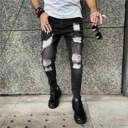 Mens Jeans Fashion Mid Waist Skinny Men Vintage Distressed Elastic Destroyed Pencil Pants Black Casual Big Ripped Denim 230721