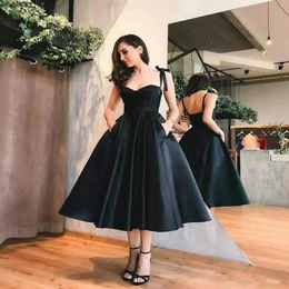 2019 Little Black Prom Dress Spaghetti Straps A Line Newest Classic Design Tea Length Black Evening Gowns Formal Party Dresses281t