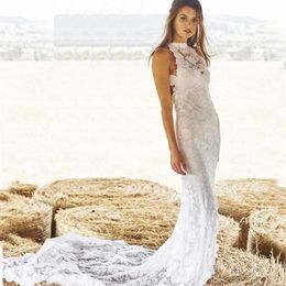 Front Split High Low Style Backless Boho Beach Lace Backless Hollow Vintage Chapel Train Wedding Dress Bridal Gowns Short Front Lo217c