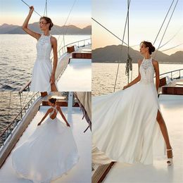 High Side Slits Summer Wedding Dresses Illusion Bodice Halter Lace Top Backless Bridal Gowns Wedding Dress286Z