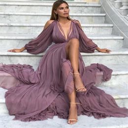 Lavender A Line Beach Prom Dresses V Neck Tulle High Split Evening Gowns Plus Size Formal Party Dress Bridesmaid Wear robes de soi271U