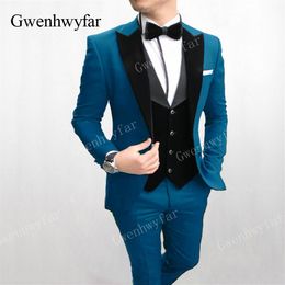 Gwenhwyfar Costume Homme Lake Blue Formal Wedding Suits For Men Custom Made Mens Suits Ternos Masculino Slim Fit Tuxedo 3 Pieces293T