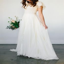 Flowy Chiffon Modest Wedding Dresses 2020 Beach Short Sleeves Beaded Belt Temple Bridal Gowns Queen Anne Neck Informal Reception D244c