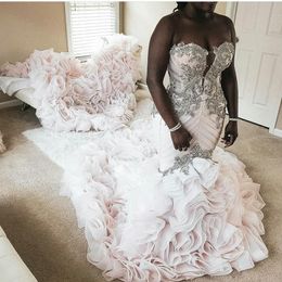 2019 Plus Size Mermaid Wedding Dresses Crystal Lace Beads Tiered Sweetheart Long Train African Wedding Dress Custom Made Vestidos 284h