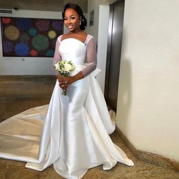 Satin Detachable Train Mermaid Wedding Dresses See Through Long Sleeve Church Bridal Gown Simple Africa Wedding Gowns315h