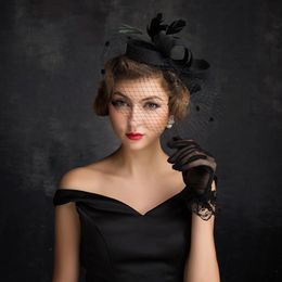 Top Hat Female British Wild Black Linen Yarn Veil Feather Bride Handmade Headdress Women Hair Hats Summer306L