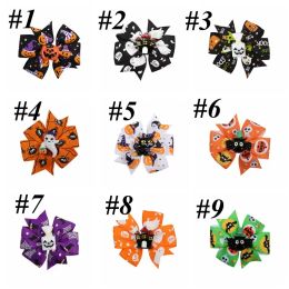 Halloween Decoration Grosgrain Ribbon Bows For Baby Girls Ghost Pumpkin Pinwheel Clips Accessories 3inchZZ