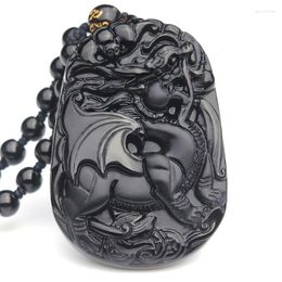 Pendant Necklaces Natural Black Obsidian Carved Fortune Lucky Animal PIXIU Necklace Flying Brave Men Women Crystal Jewellery With Chain