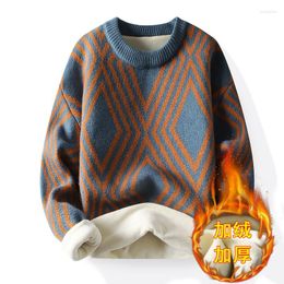 Men's Sweaters Plush Half High Collar Colour Blocking Sweater/ Quality Autumn Winter Relaxed Slim Warm Diamond Plaid Knitted Pullover