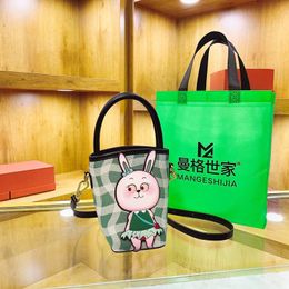 Factory wholesale ladies shoulder bags 2 colors cute cartoon rabbit mobile phone coin purse small fresh plaid bucket bag popular color matching leather handbag 6838