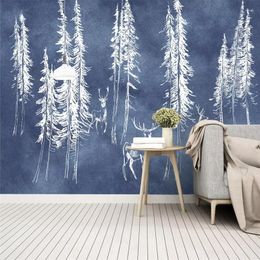 Wallpapers Decorative Wallpaper Nordic Painting Style Cartoon Forest Tree Elk Pastoral Background Wall