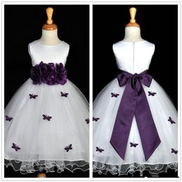White and Purple Butterfly Flower Girl Dress Handmade Flower Bow Belt A Line Kids Pageant Dresses First Communion Dress Custom F01155K