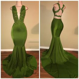 Light Green Long Mermaid prom Dresses 2018 New Sleeveless Sexy Back Sweep Strain Deep V Neck Formal Evening Dress Party Gowns Cust234l