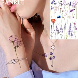 Sexy Watercolour Flower Lavender Temporary Tattoos For Women Girls Sticker Fake Tatoos Body Art Realistic Tattoo Sheets Flora