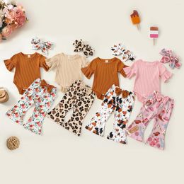 Clothing Sets FOCUSNORM 3pcs Baby Girls Clothes Short Flare Sleeve Solid Romper Cow/Leopard Print Bowknot Pants Headband