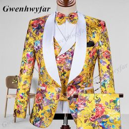 Messen Gwenhwyfar Men Double Breasted Vest Tuxedos 2022 Custom Made Floral Jacquard Gold Suits Men Wedding Party Costume 3 Pieces Sets