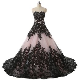 Blushing Pink Black Gothic Ball Gown Wedding Dresses Sweetheart Lace Appliques Vintage Bridal Gowns Non White Wedding Colorful258c