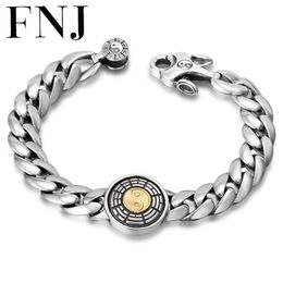 Link Chain FNJ Bracelet 925 Silver Round YinYang Charm 20cm 22cm Original Pure S925 Thai Bracelets For Men JewelryLink289Y