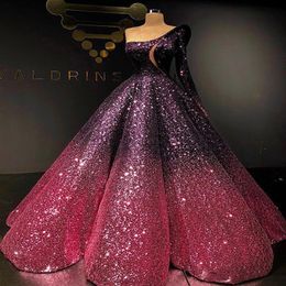 Arabic Ball Gown Evening Dresses One Shoulder Long Sleeve Formal Women Party Gowns Gradient Sequins223I