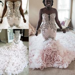 cascading ruffles crystal mermaid wedding dresses plus size sweetheart laceup corset african sparkly church wedding gown301L