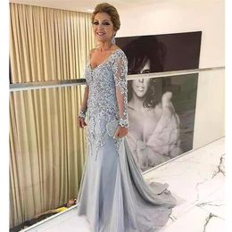 Elegant Blue Silver Mother of the Bride Dresses Long Sleeves 2021 V Neck Godmother Evening Dress Wedding Party Guest Gowns New268e