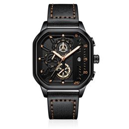 Cool Black NEKTOM Brand Hollow Out Mens Watches Accurate Quartz Watch Leather Strap Luminous Square Dial Wristwatches238y