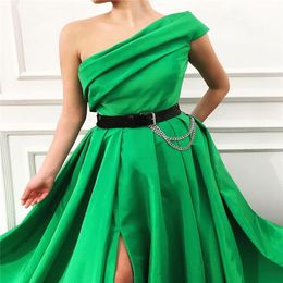 New Simply Satin A-Line Long Evening Dress Pleat Split One Shoulder Floor Length Evening Dresses Formal Party Gowns269s