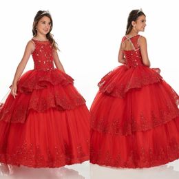Red Three Layers Ball Gown Ruffle Mini Quinceanera Dresses Pageant Girls Lace Beads Lace-up Jewel Flower Girl Dress Party Graduati223H